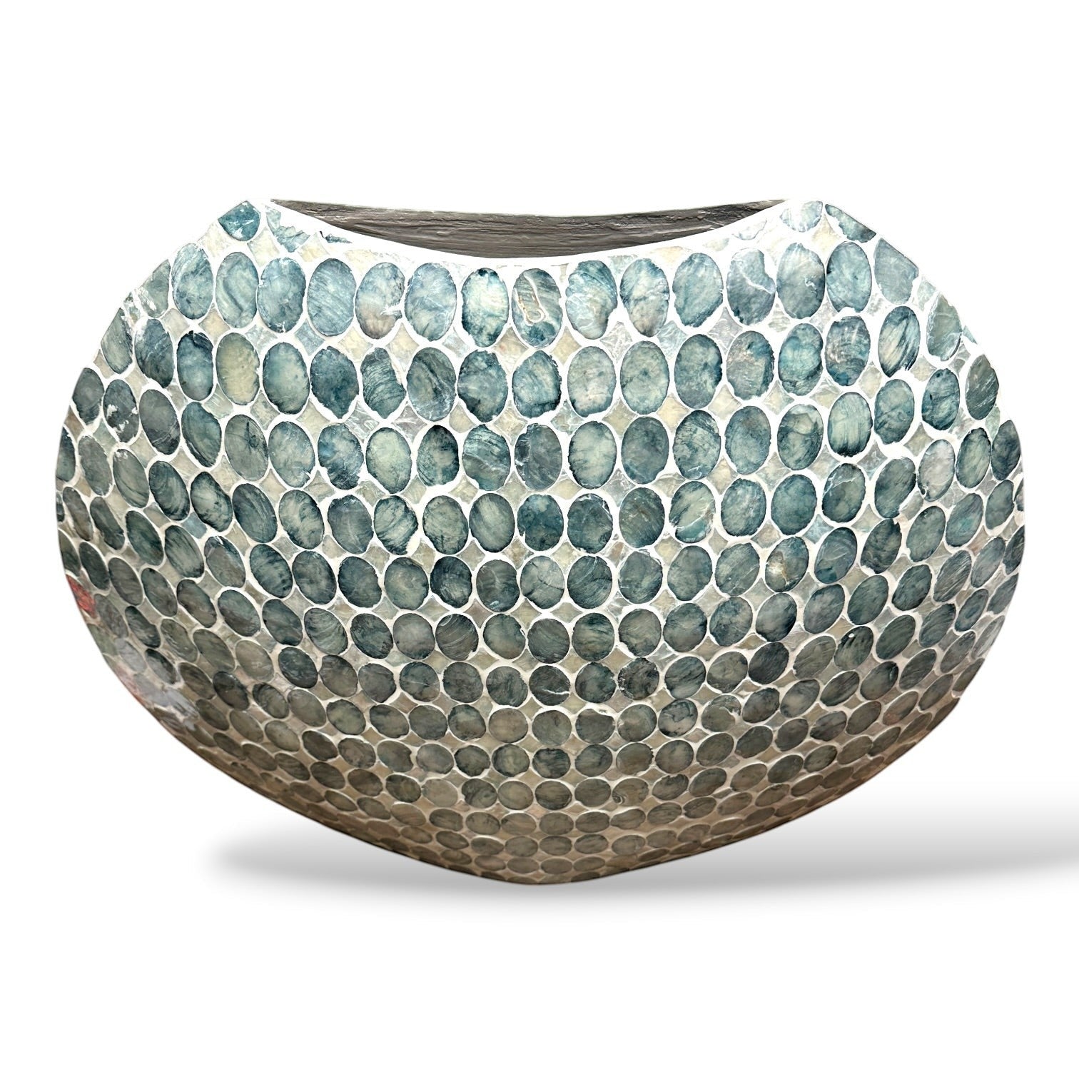 Mellow Monkey round vase featuring hand-inlaid blue and white iridescent capiz shells in a coastal decorative style.