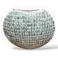 Mellow Monkey round vase featuring hand-inlaid iridescent blue and white capiz shells in a coastal style
