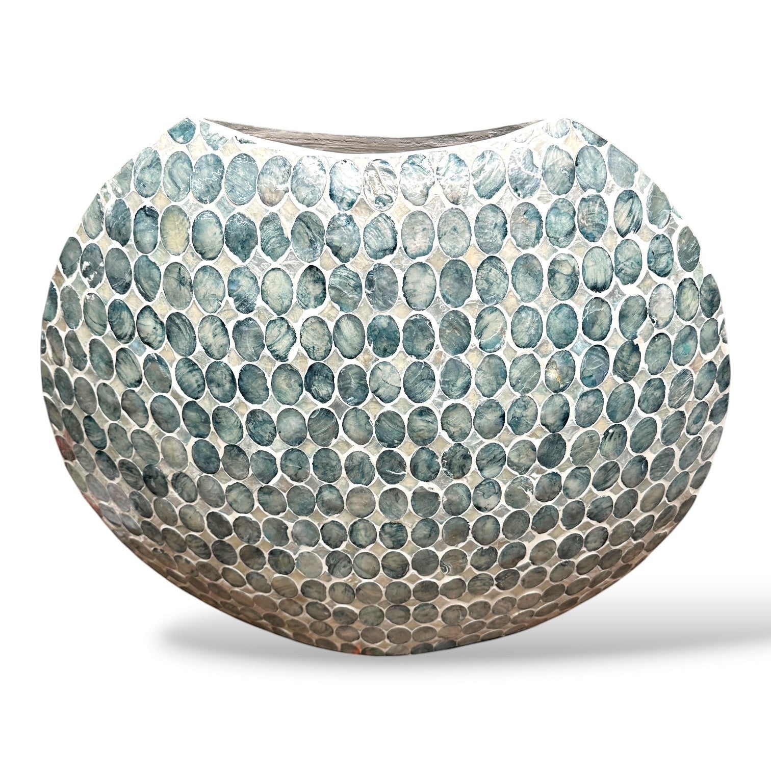 Mellow Monkey round vase featuring hand-inlaid iridescent blue and white capiz shells in a coastal style