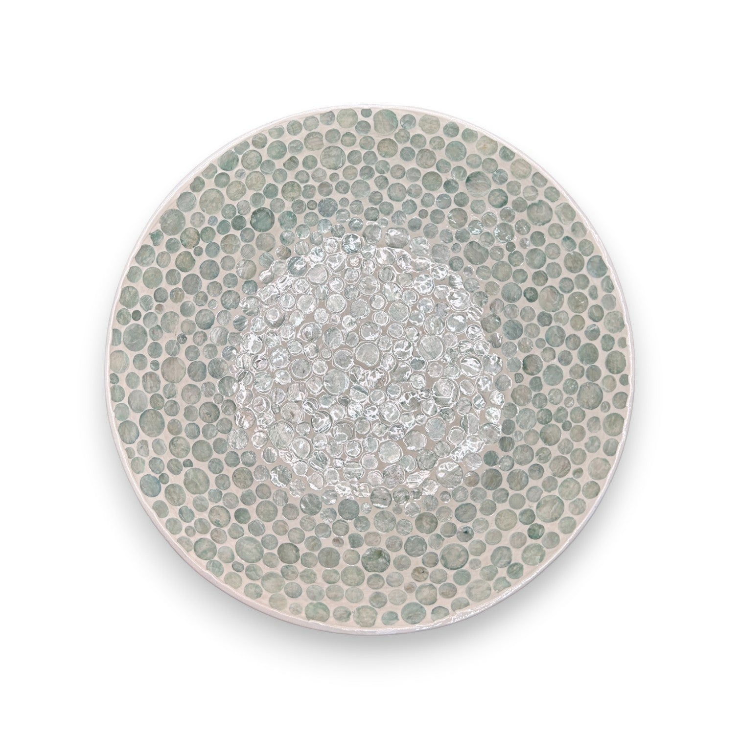 Mellow Monkey 18-inch round decorative bowl crafted from iridescent capiz shells with a coastal mosaic pattern.