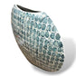 Mellow Monkey round vase hand-inlaid with iridescent blue and white capiz shells in a coastal decorative style.