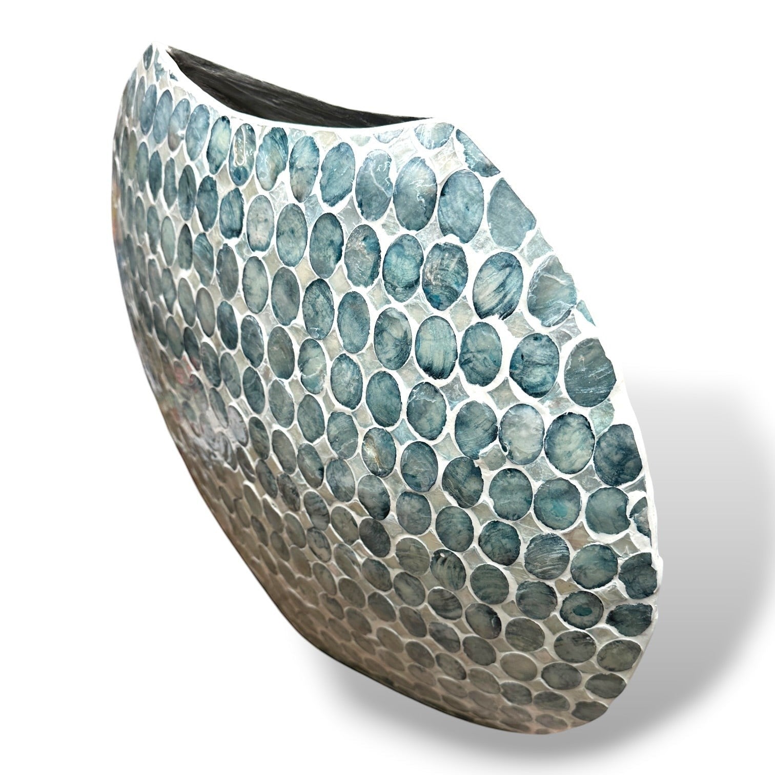 Mellow Monkey round vase hand-inlaid with iridescent blue and white capiz shells in a coastal decorative style.