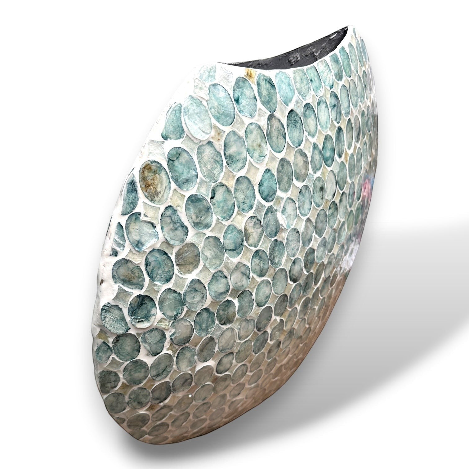 Mellow Monkey round vase hand-inlaid with soft green iridescent capiz shells in a textured coastal style