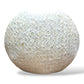 Mellow Monkey round white vase hand-inlaid with iridescent capiz shells for a coastal organic look.