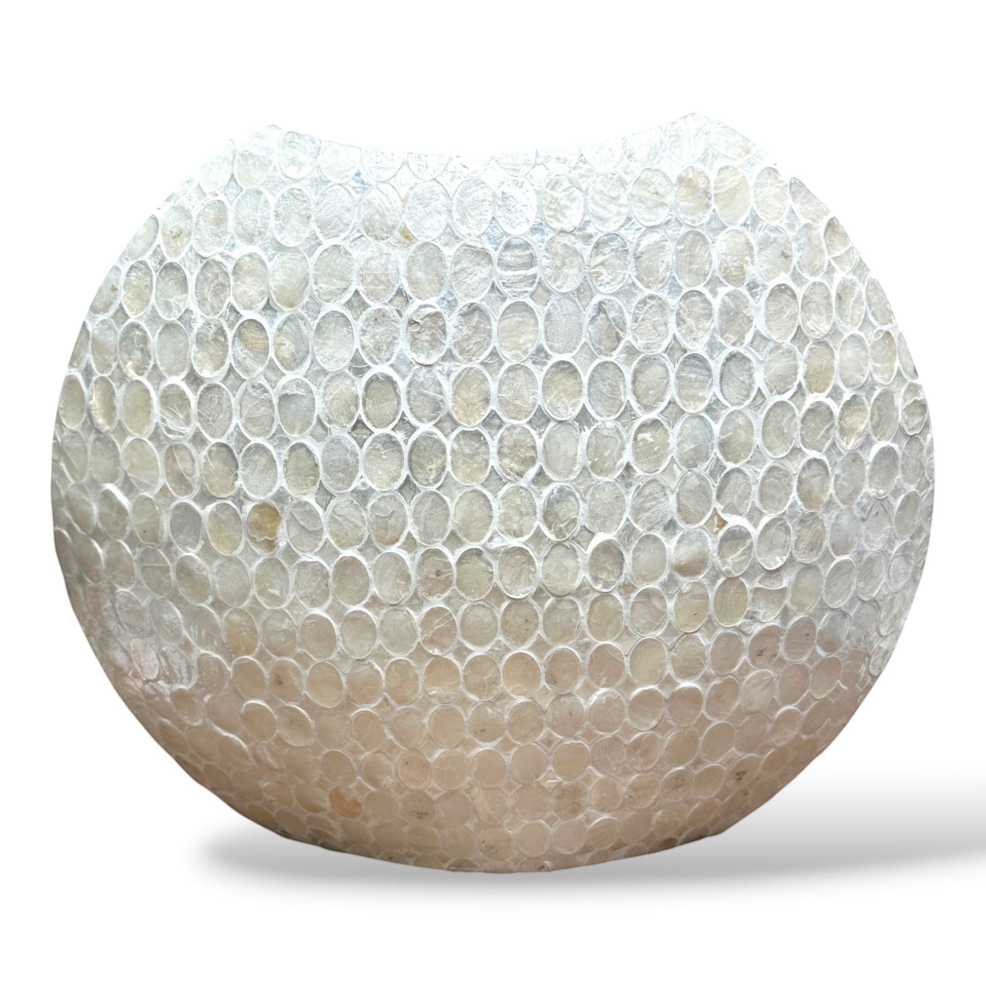Mellow Monkey round white vase hand-inlaid with iridescent capiz shells for a coastal organic look.