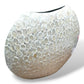 Mellow Monkey round white capiz shell vase with an iridescent, hand-inlaid mosaic texture for coastal home decor.