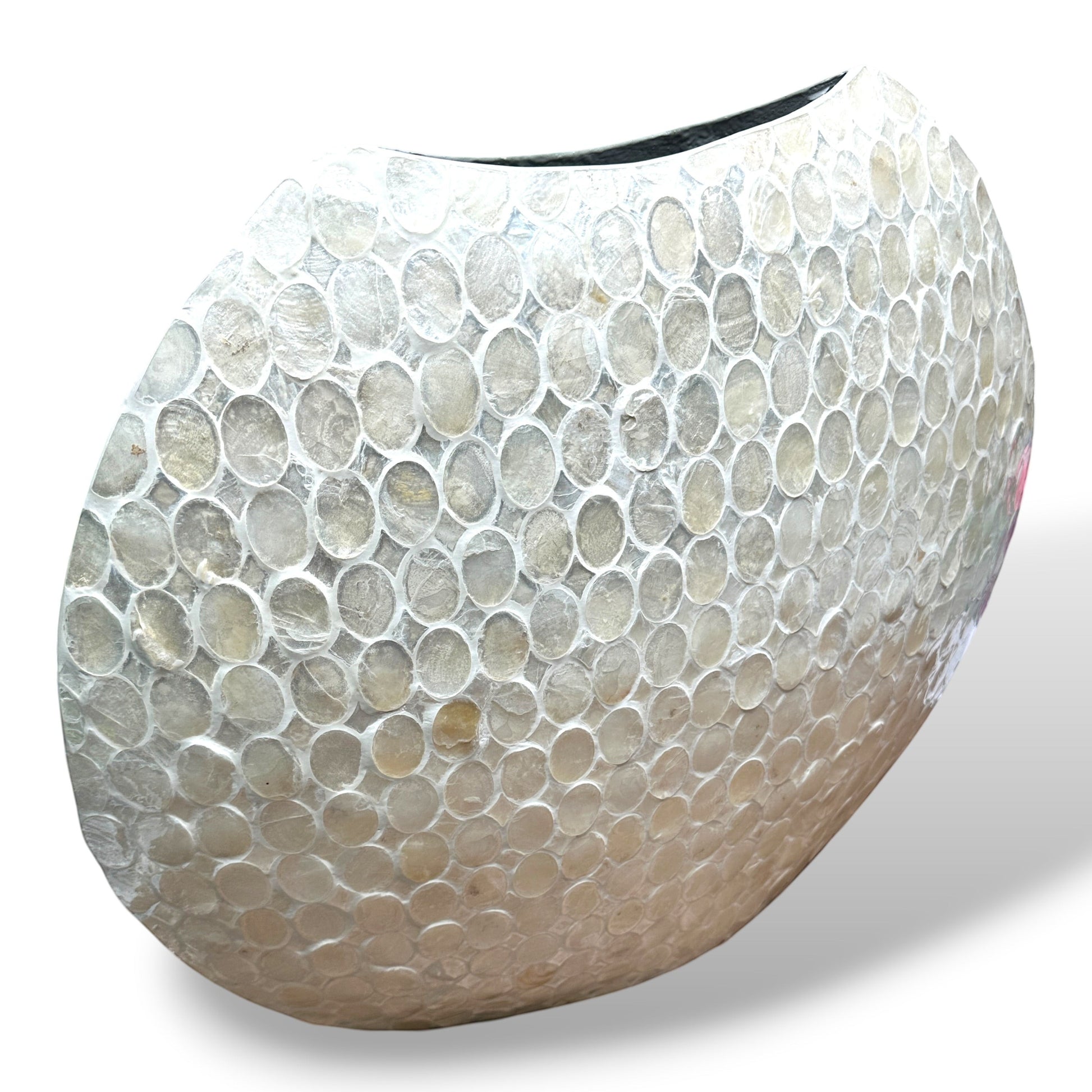 Mellow Monkey round white capiz shell vase with an iridescent, hand-inlaid mosaic texture for coastal home decor.