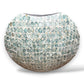Mellow Monkey round vase hand-inlaid with soft green iridescent capiz shells in a textured mosaic pattern