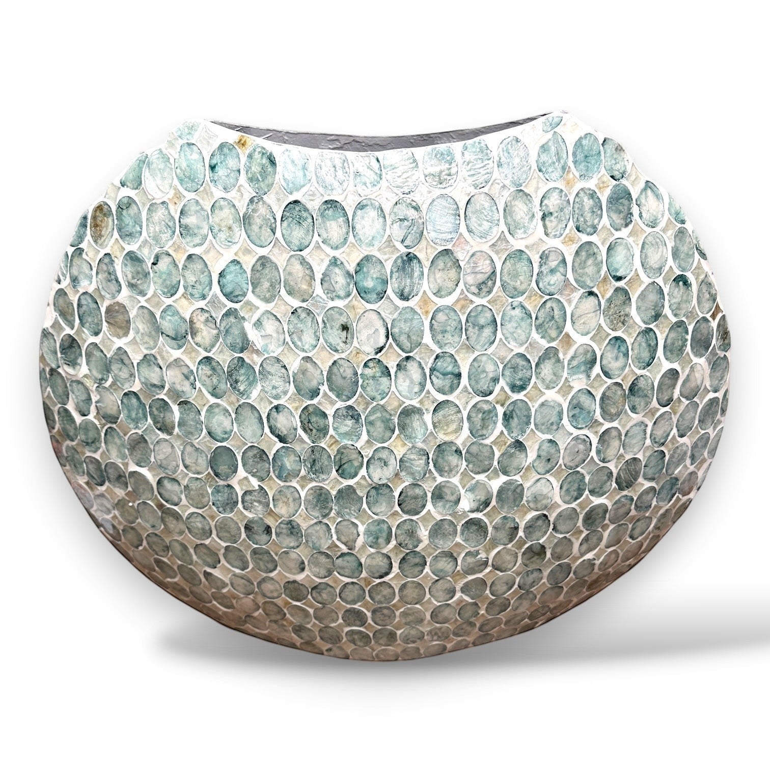 Mellow Monkey round vase hand-inlaid with soft green iridescent capiz shells in a textured mosaic pattern