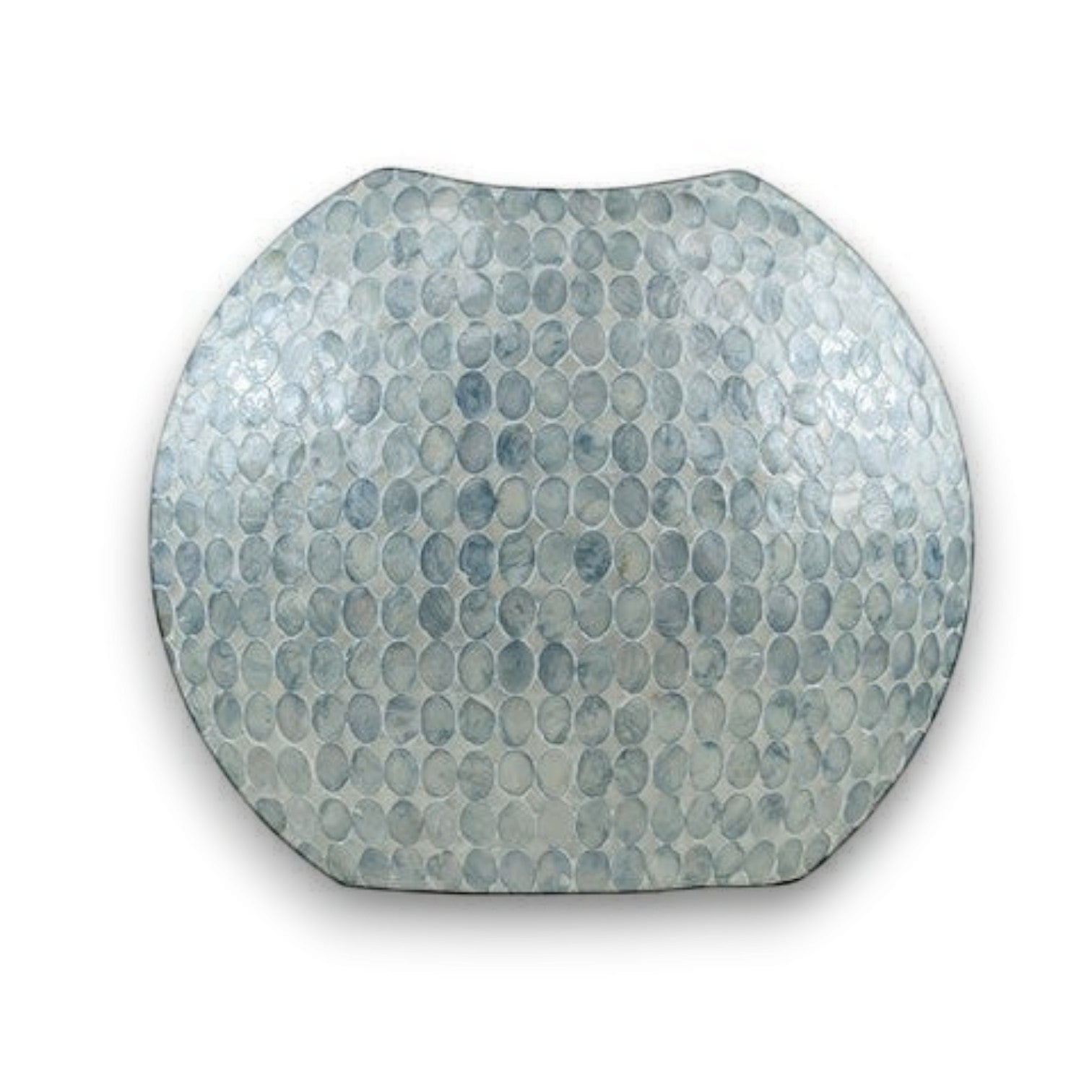 Mellow Monkey round vase featuring hand-inlaid iridescent blue and white capiz shells in a coastal style