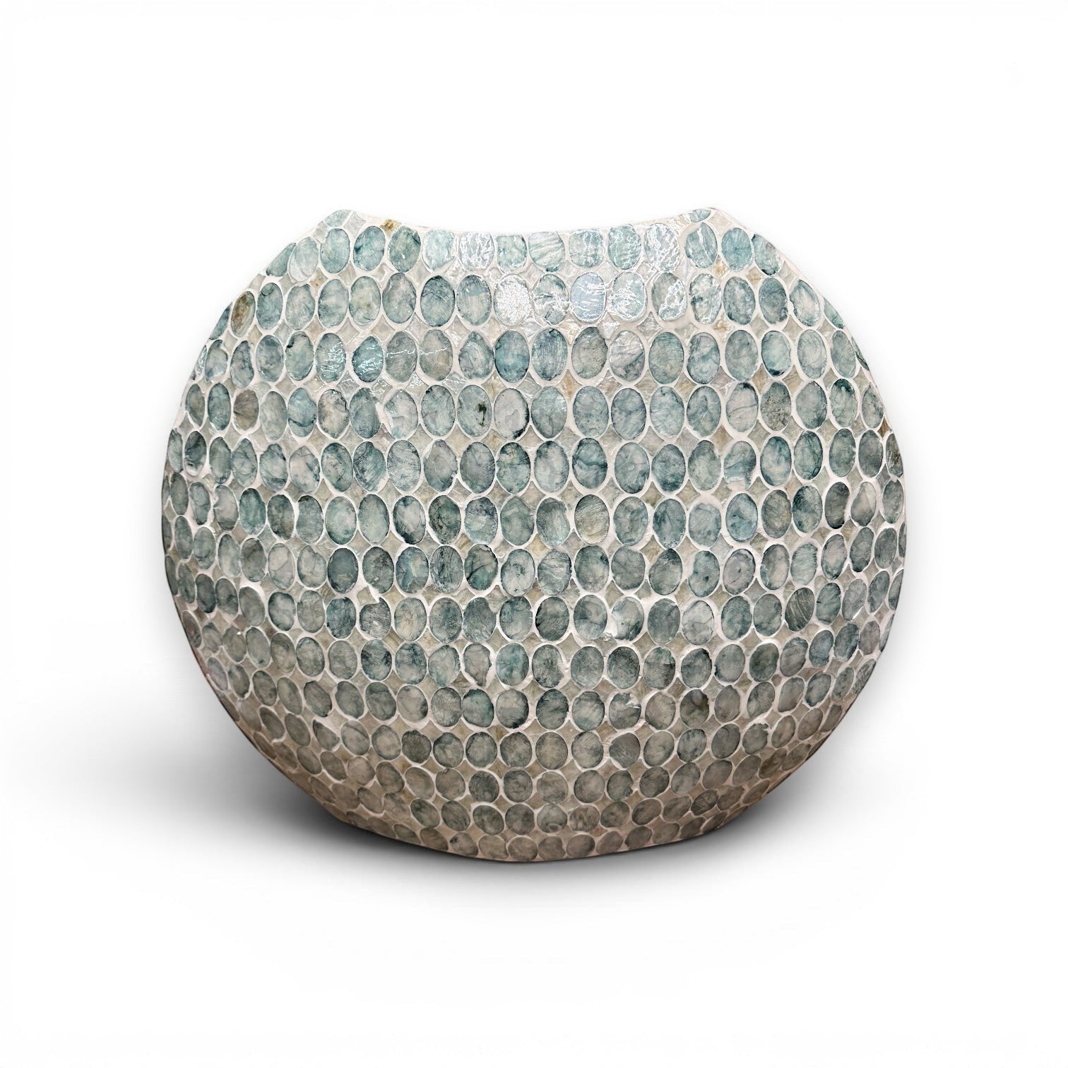 Mellow Monkey round vase hand-inlaid with iridescent soft green capiz shells in a textured mosaic pattern.