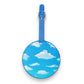 Mellow Monkey round blue cloud-patterned PU luggage tag with a zinc buckle strap for travel identification.