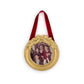 Mellow Monkey round gold holly leaf photo frame ornament with a red velvet ribbon for hanging on a Christmas tree.