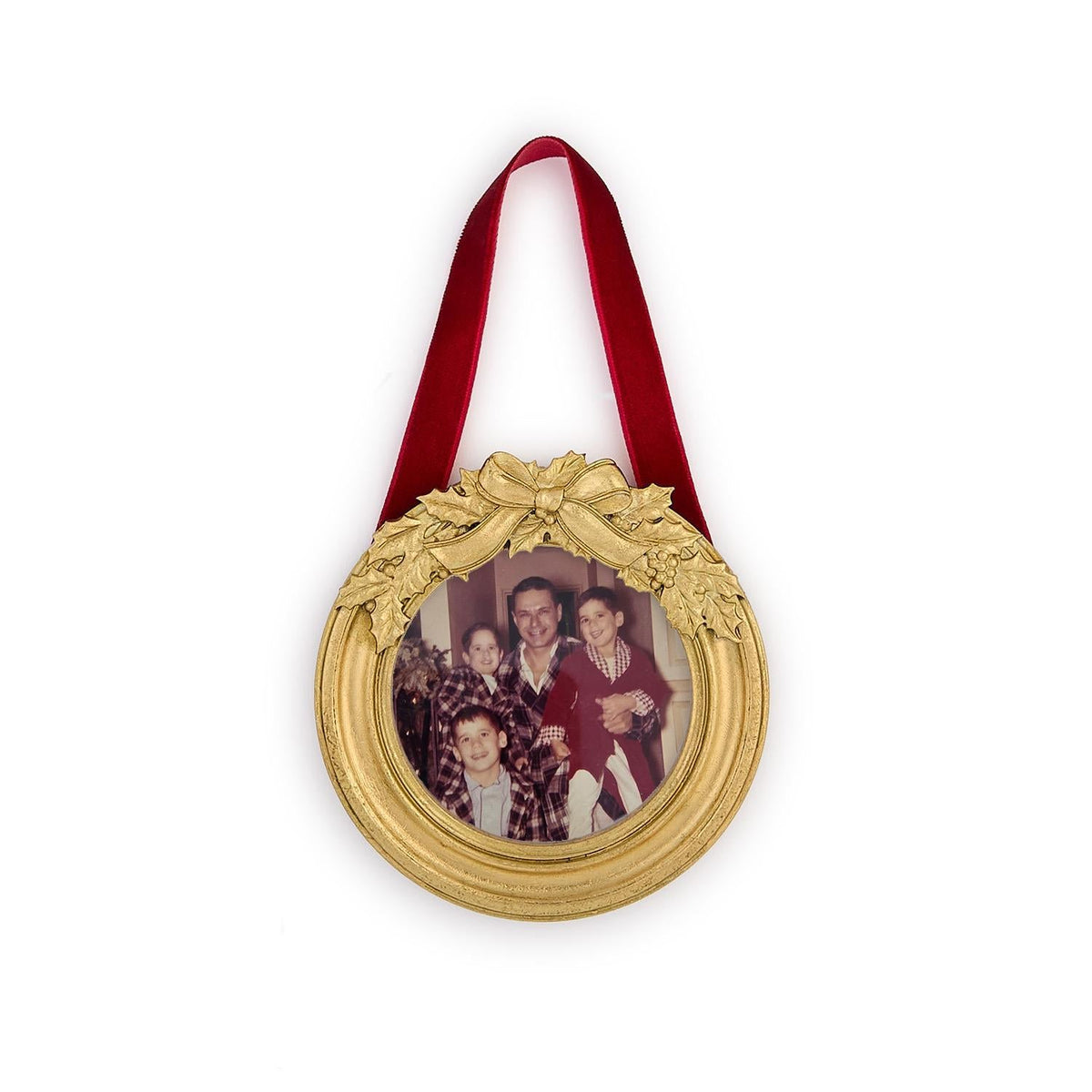 Mellow Monkey round gold holly leaf photo frame ornament with a red velvet ribbon for hanging on a Christmas tree.