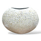 Mellow Monkey round white vase hand-inlaid with iridescent capiz shells for a coastal artisanal aesthetic.