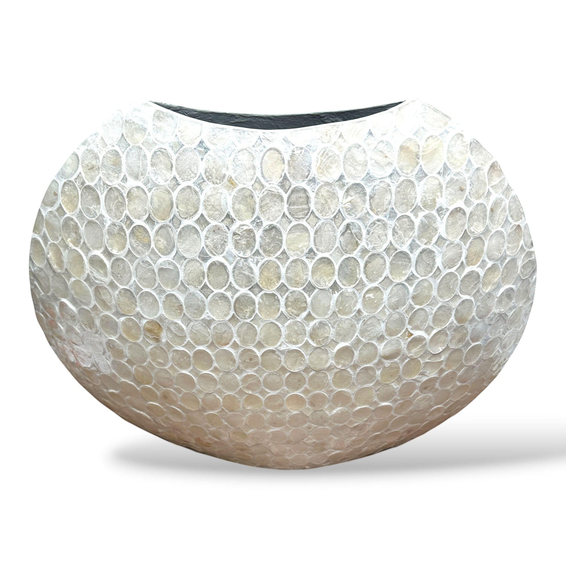 Mellow Monkey round white vase hand-inlaid with iridescent capiz shells for a coastal artisanal aesthetic.