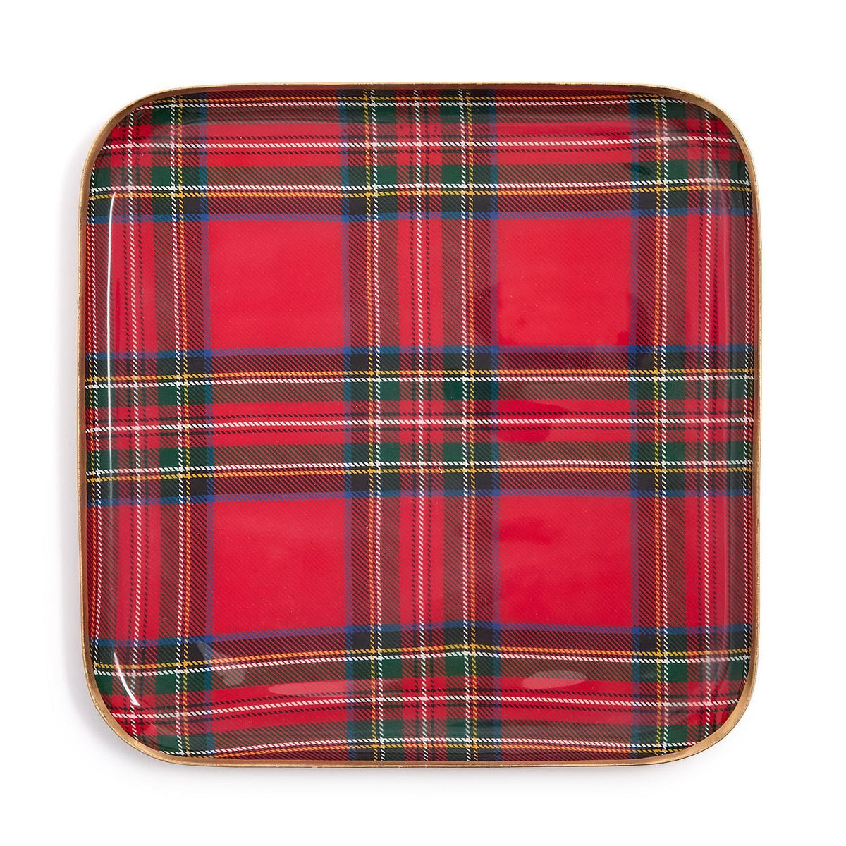 Mellow Monkey square metal tray featuring a festive red Royal Stewart tartan plaid pattern for holiday decor.