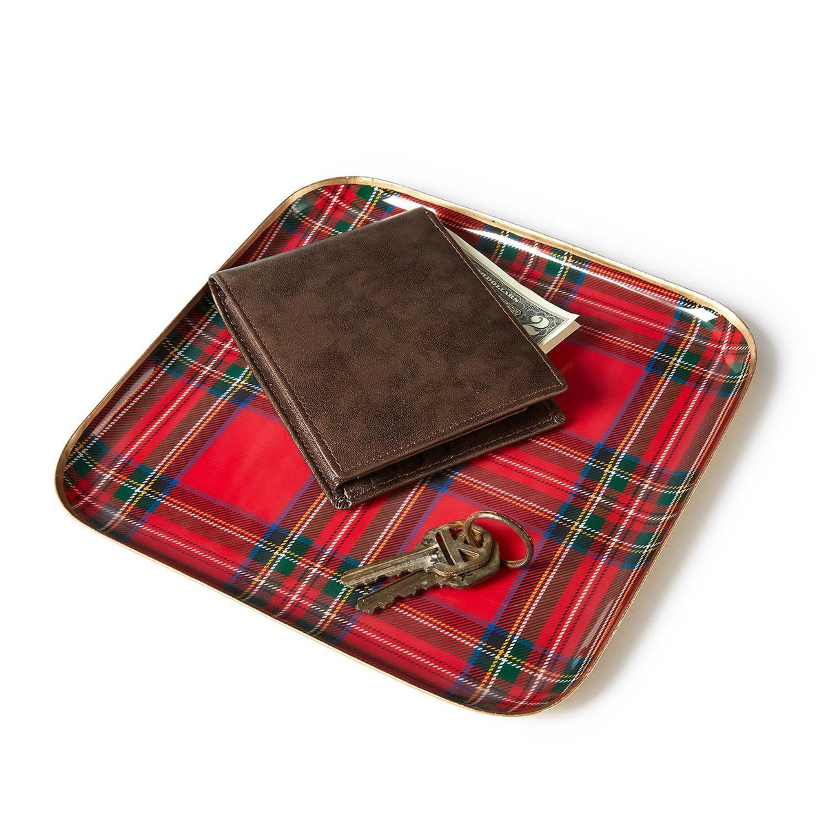 Mellow Monkey square metal tray featuring a red Royal Stewart tartan plaid pattern holding a wallet and keys