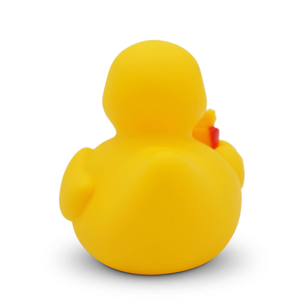 Back view of a yellow Mellow Monkey rubber duck holding a side of fries, perfect for a foodie novelty gift.