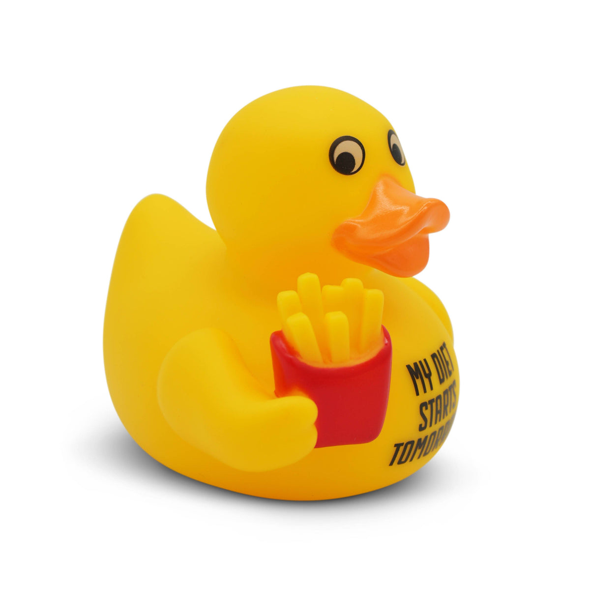 Mellow Monkey yellow rubber duck holding a red container of french fries with My Diet Starts Tomorrow text