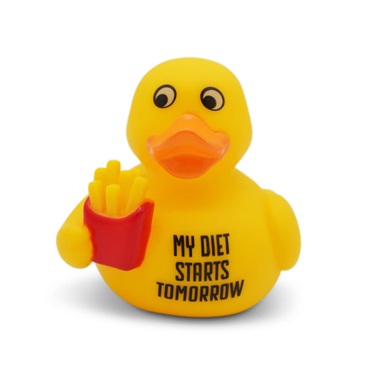 Mellow Monkey yellow rubber duck holding a red container of french fries with My Diet Starts Tomorrow text