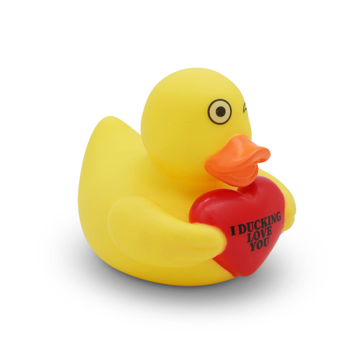 Mellow Monkey yellow rubber duck holding a red heart with the text I Ducking Love You printed in black