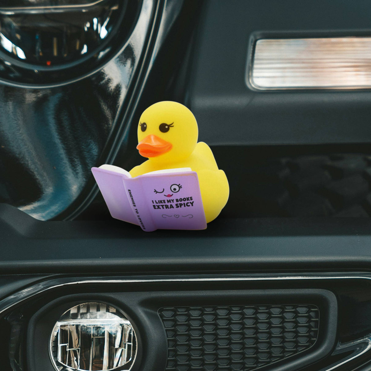 Mellow Monkey yellow rubber duck reading a purple book titled I Like My Books Extra Spicy on a car dashboard