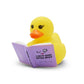 Mellow Monkey yellow rubber duck reading a purple book titled I Like My Books Extra Spicy with a winking face
