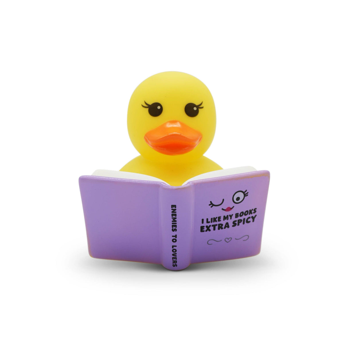 Mellow Monkey yellow rubber duck reading a purple book titled I Like My Books Extra Spicy with romance novel theme