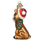 Mellow Monkey Rudolph and Clarice blown glass Christmas ornament with red Santa hat and green scarf, 3.5-in