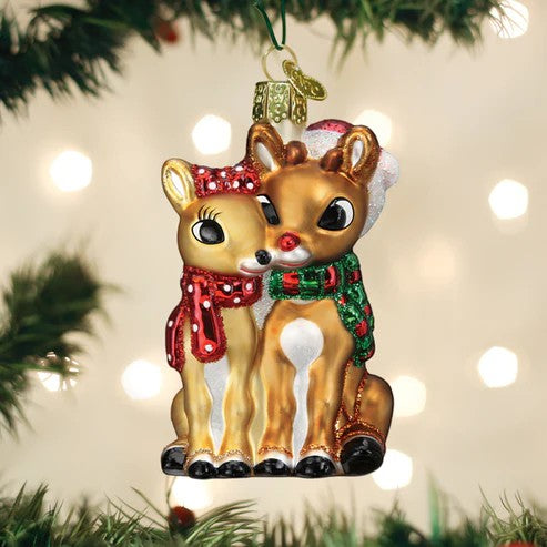 Mellow Monkey Rudolph and Clarice blown glass holiday ornament with red and green scarves, 3.5-in