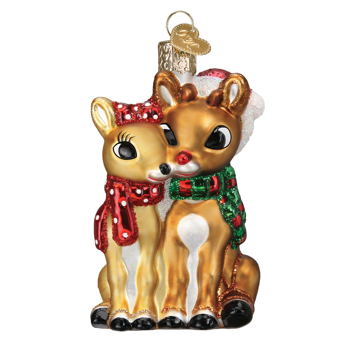 Mellow Monkey Rudolph and Clarice blown glass holiday ornament, featuring two golden reindeer with red and green scarves and a heart charm.