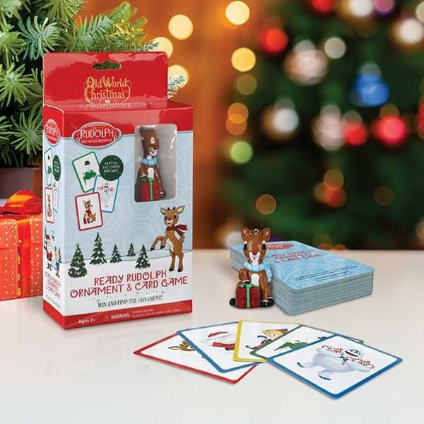 Mellow Monkey Ready Rudolph ornament and card game set with Rudolph figurine, deck of cards, and playing cards.