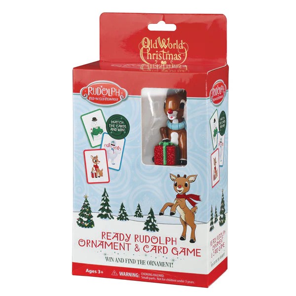 Mellow Monkey Ready Rudolph Ornament & Card Game featuring a Rudolph figurine and matching cards for holiday fun.