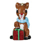 Mellow Monkey Rudolph ornament with blue scarf and red glitter gift. Resin.