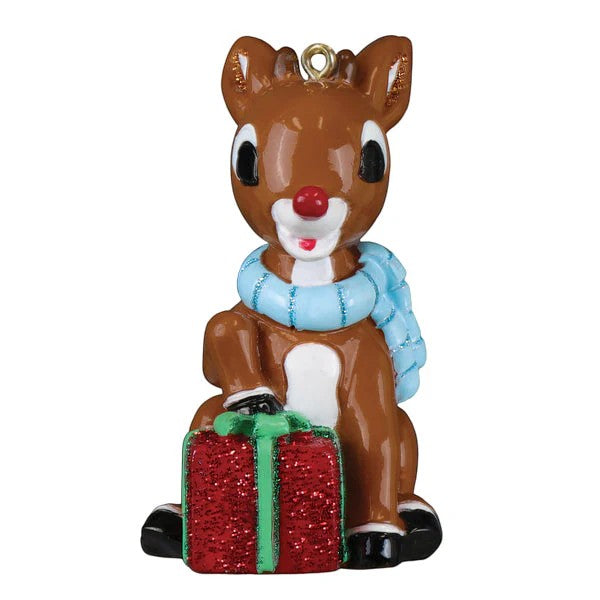 Mellow Monkey Rudolph ornament with blue scarf and red glitter gift. Resin.