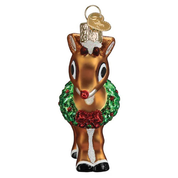 Mellow Monkey Rudolph The Red-Nosed Reindeer glass ornament with a green wreath and red bow.