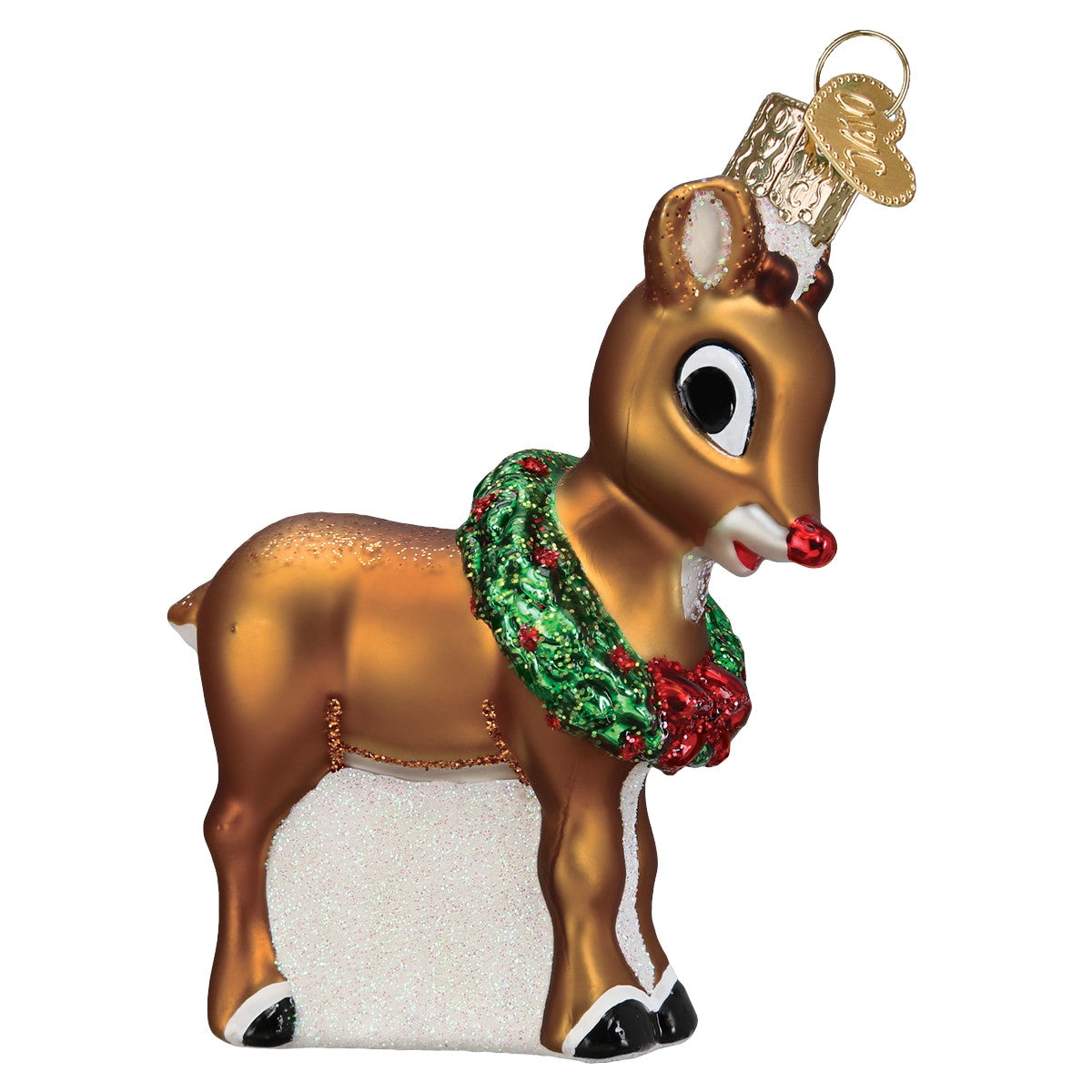 Mellow Monkey Rudolph The Red-Nosed Reindeer blown glass ornament with a green wreath and red bow.