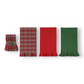 Mellow Monkey set of 3 waffle weave cotton tea towels with ruffled edges in red, green, and festive plaid patterns.