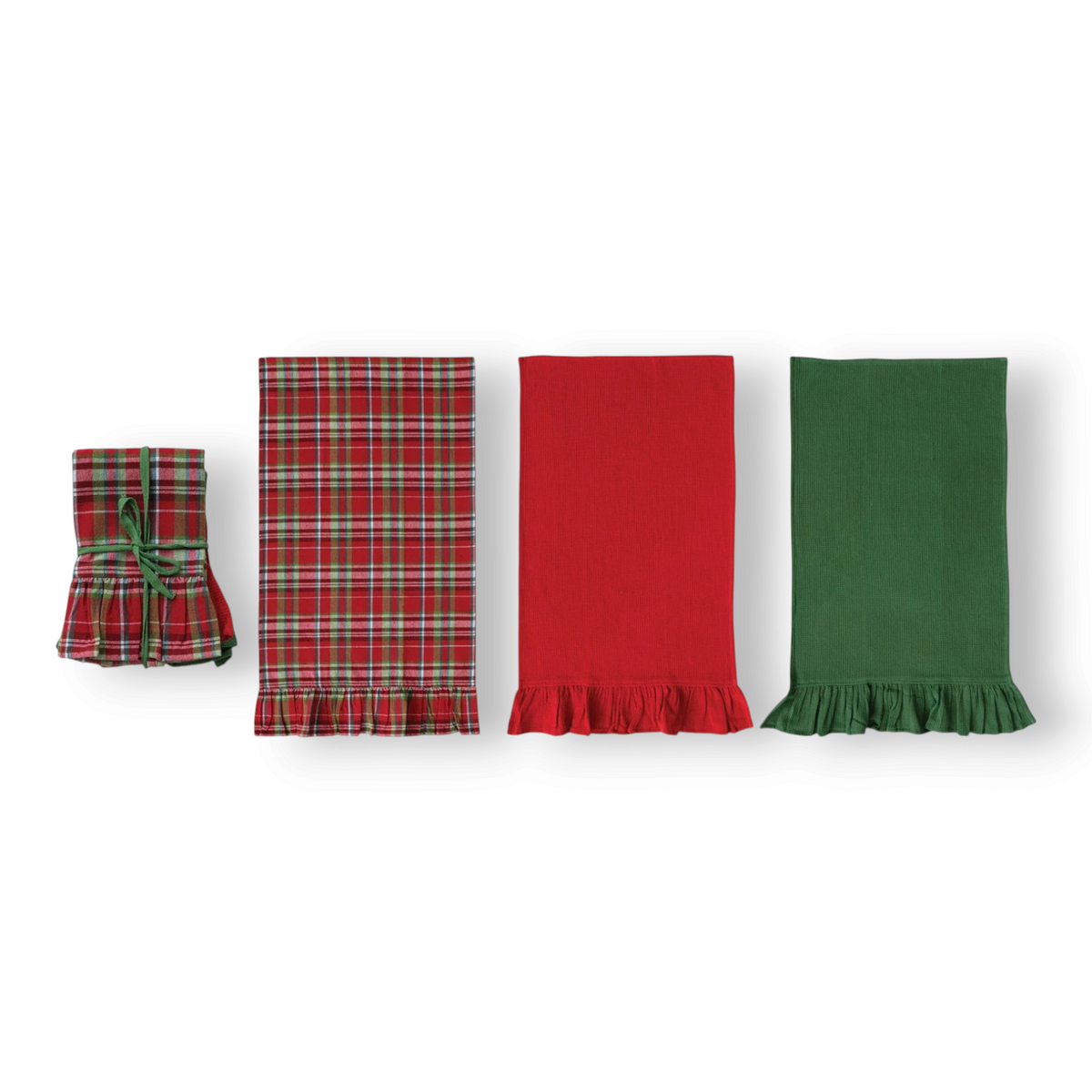 Mellow Monkey set of 3 waffle weave cotton tea towels with ruffled edges in red, green, and festive plaid patterns.