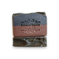 Mellow Monkey Rugged vegan handmade bar soap for men, two-tone brown and black with embossed logo.