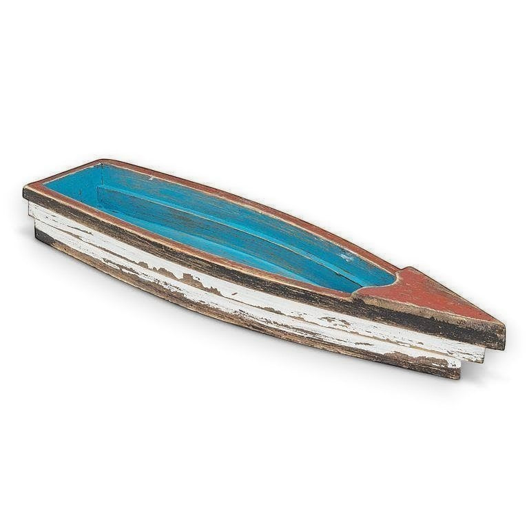Mellow Monkey rustic wooden boat with distressed blue interior and white exterior. Coastal decor.