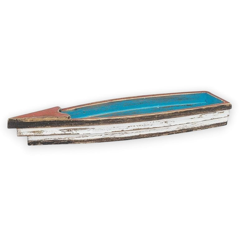 Mellow Monkey rustic wooden boat decor, weathered blue and white with red accents, distressed finish, coastal style