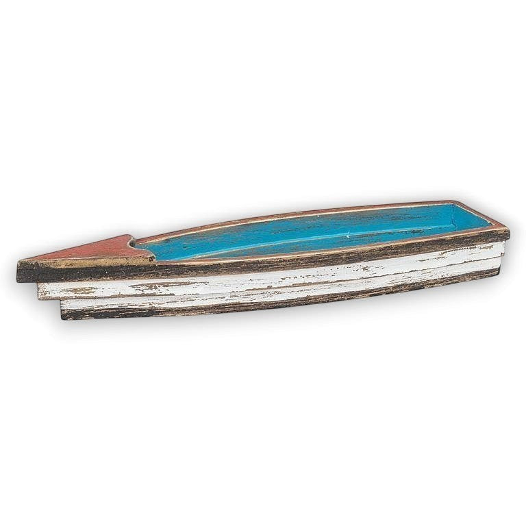Mellow Monkey rustic wooden boat decor, weathered blue and white with red accents, distressed finish, coastal style