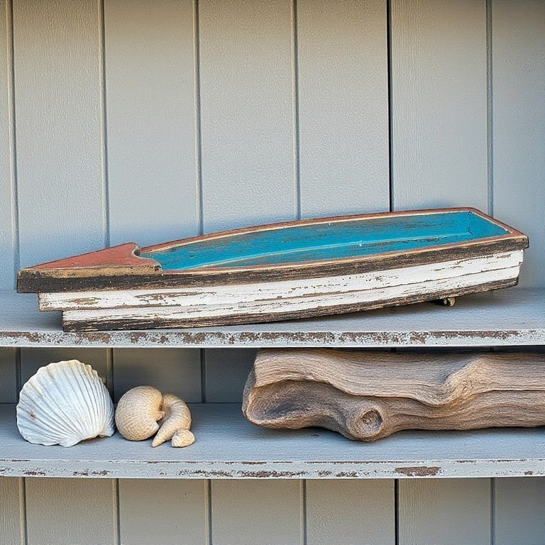 Mellow Monkey rustic wooden boat decor, distressed blue and white with red accents, coastal style