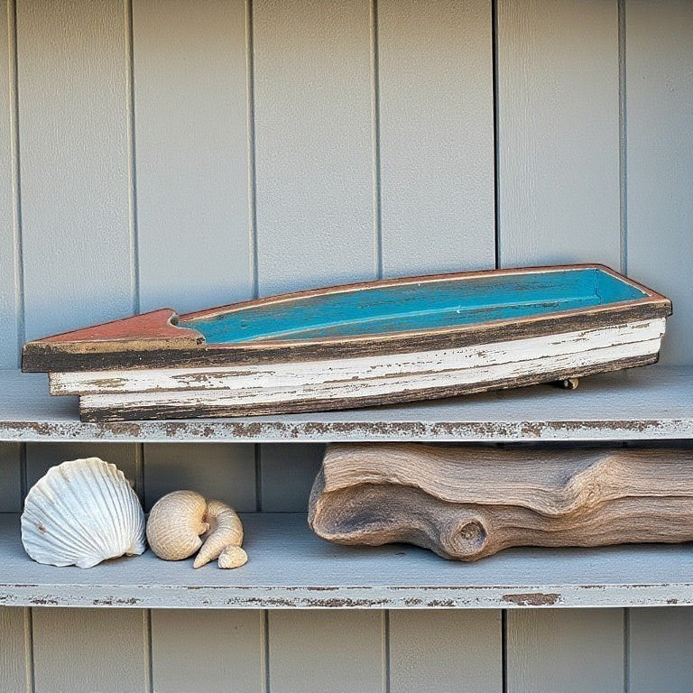 Mellow Monkey rustic wooden boat decor, distressed blue and white with red accents, coastal style