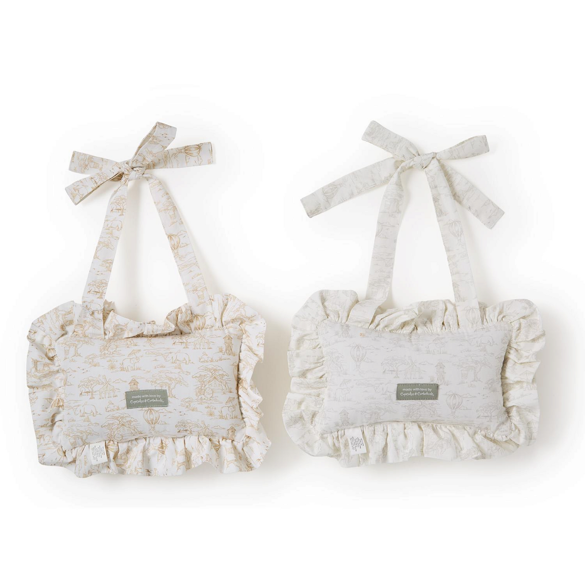 Mellow Monkey You Are Loved Beyond Measure cotton canvas door hangers with safari toile pattern and ruffle accents