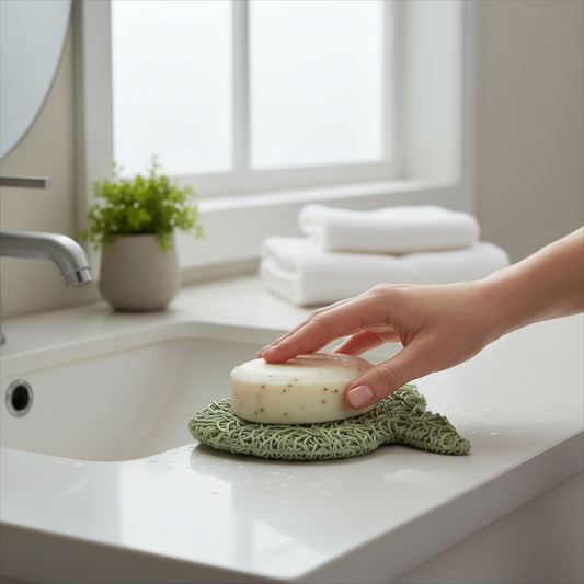 Mellow Monkey sage green fish-shaped bioplastic soap lift holding a round bar of soap on a bathroom vanity