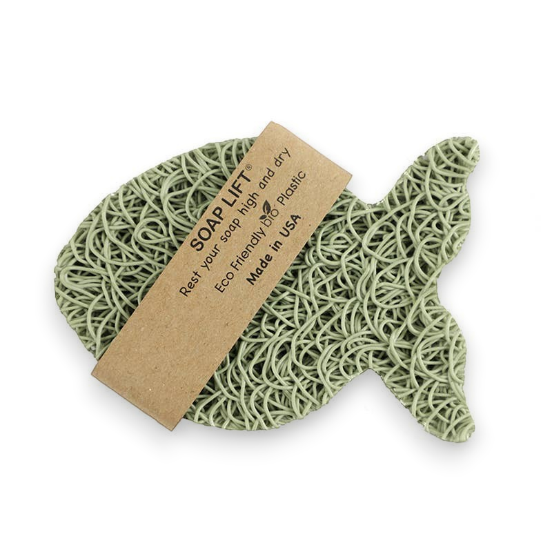 Mellow Monkey sage green fish-shaped bioplastic soap lift for draining and drying soap bars
