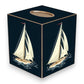 Mellow Monkey papier mache tissue box cover featuring a navy blue sailboat design with gold painted edges.